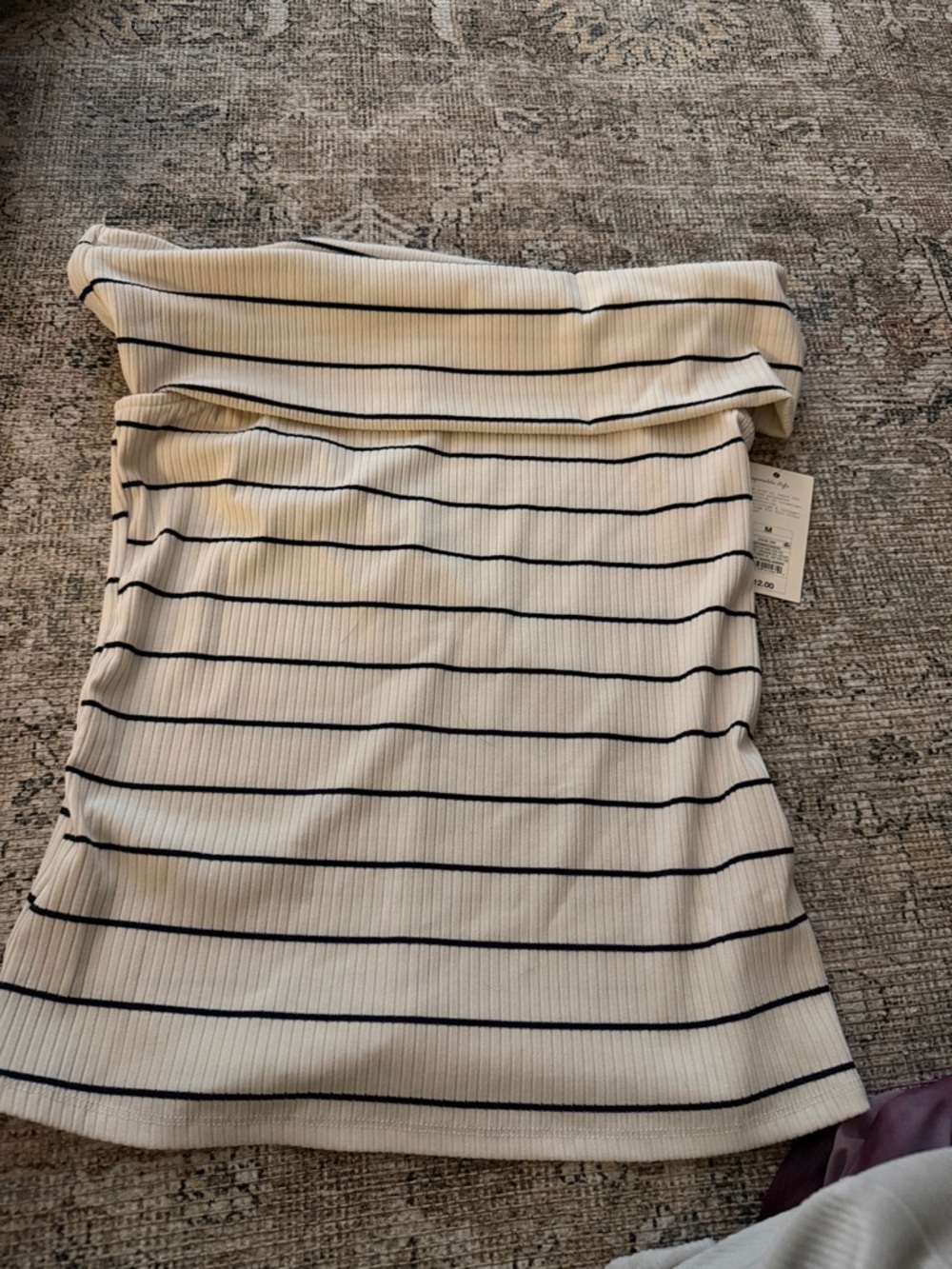 a new day Cream Off-Shoulder Short Sleeve Tee with Black Stripes